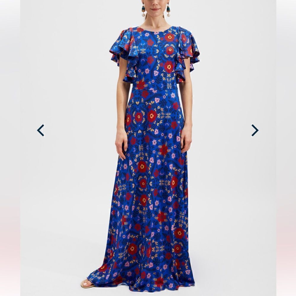 NWT LA Double J Damigella Dress Heckfield in Fluid Jersey Royal Blue Floral XL